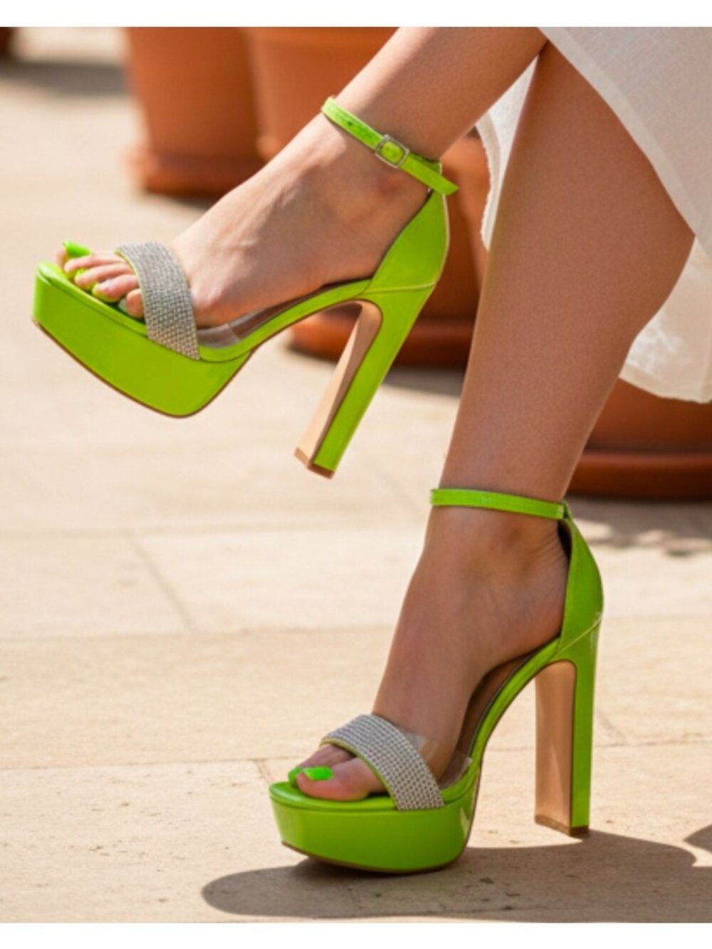 Neon Green Rhinestone Platform High Heel Sandals With Clear Ankle Strap Square T
